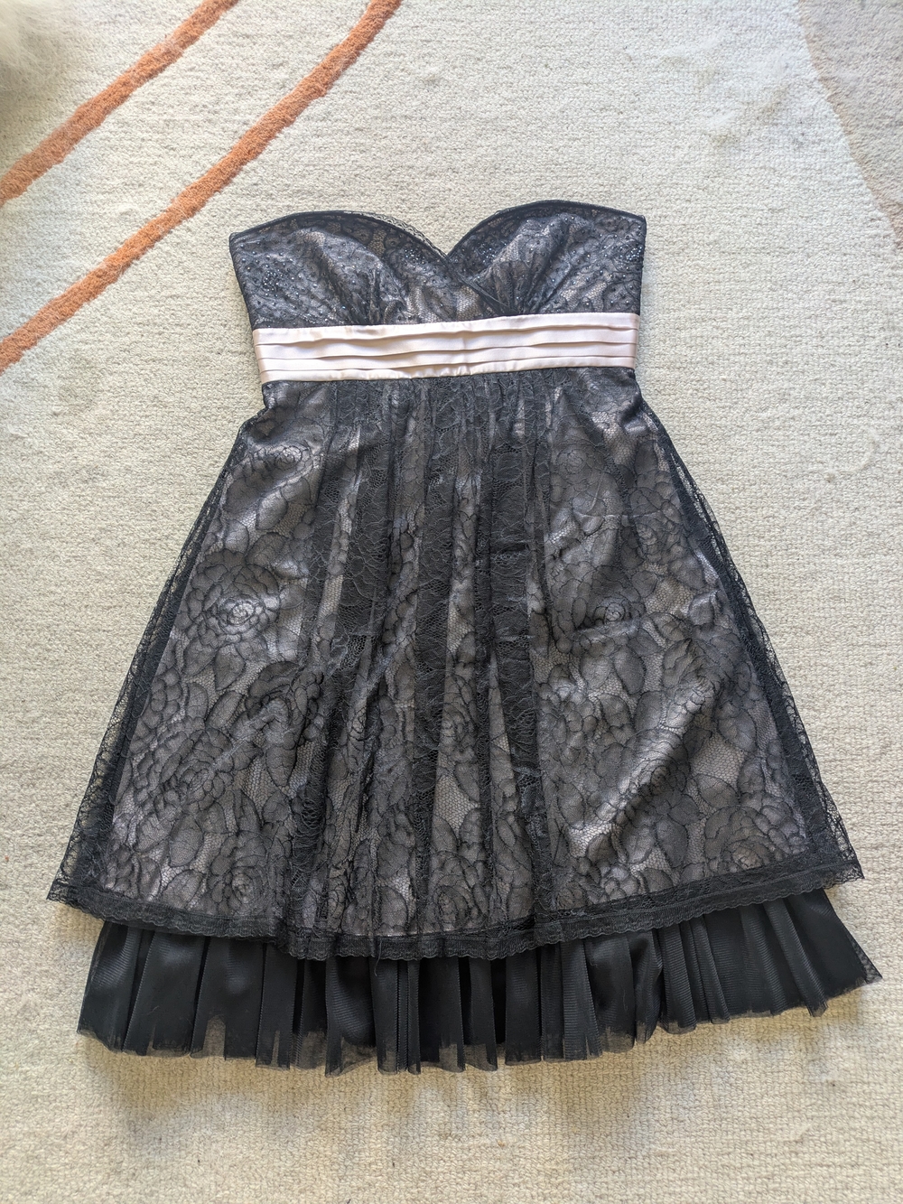 BCBGMaxAzria Strapless Black Lace Dress with Soft Pink Waist